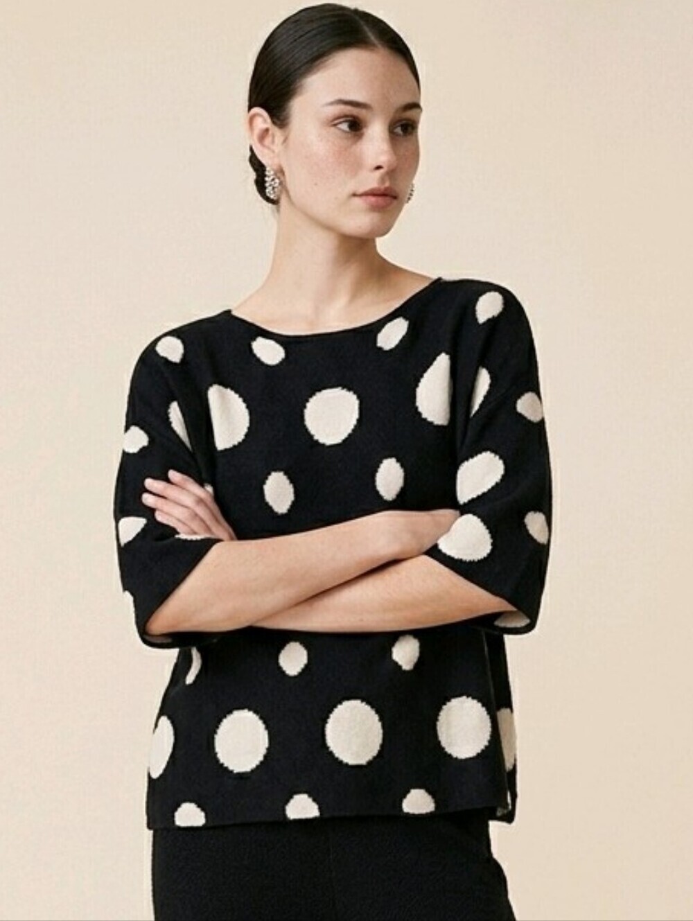 Leshop black white polkadot crop boatneck sweater Sz M/L